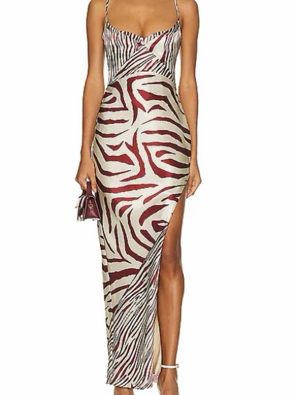NICHOLAS Red and Cream Zebra-Print Maxi Dress with Side Thigh Slit